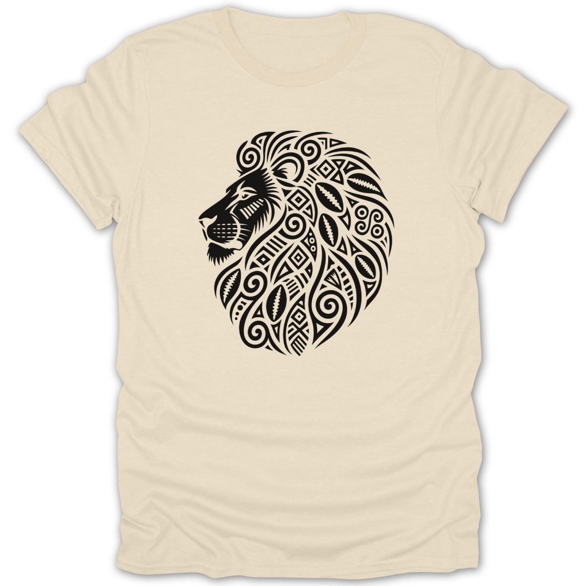 T-shirt with a black tribal lion head design on a cream background.