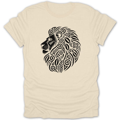 T-shirt with a black tribal lion head design on a cream background.