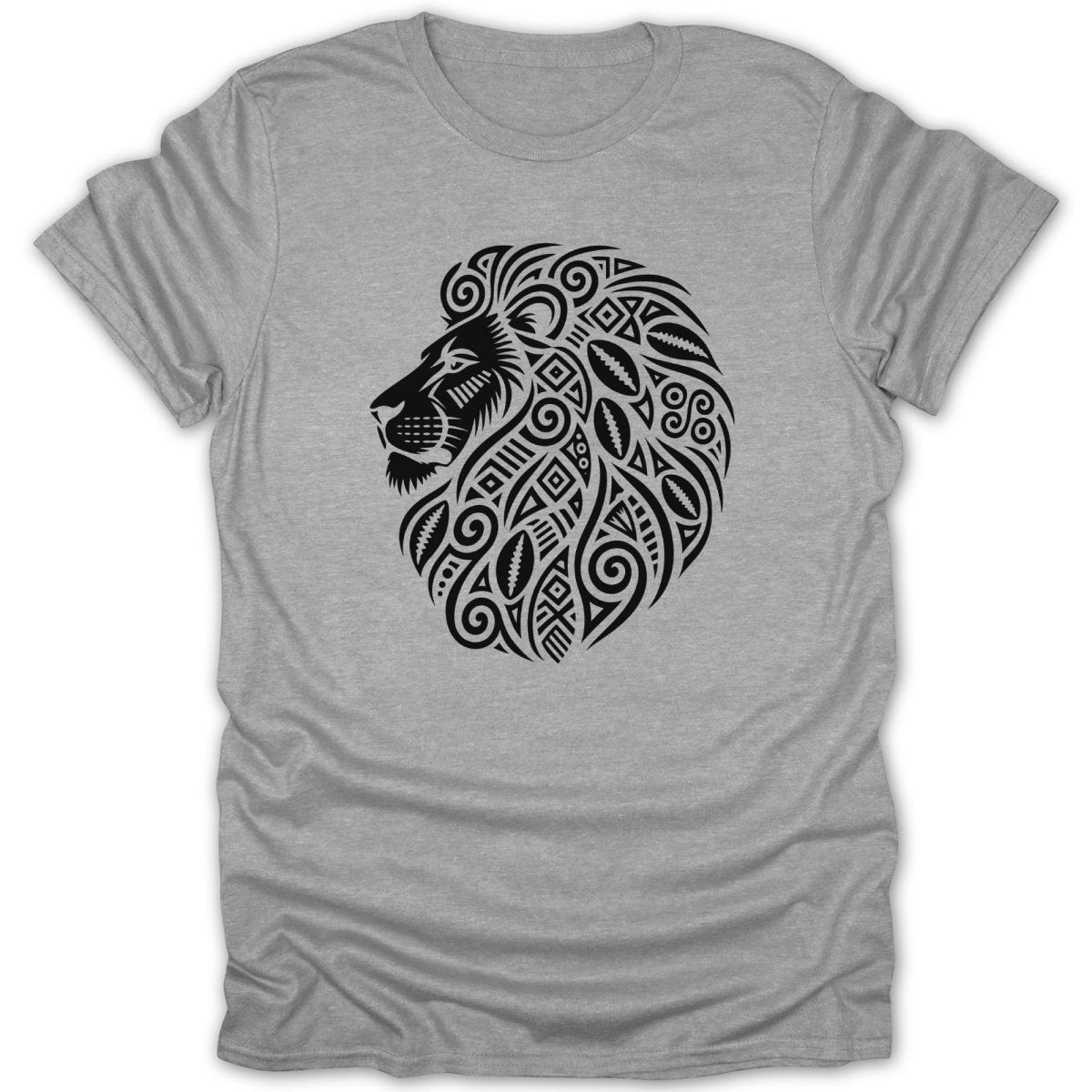 Grey t-shirt with black tribal lion head graphic facing left.