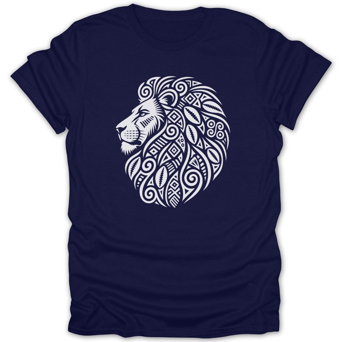 Navy t-shirt with white tribal lion head graphic on the chest.
