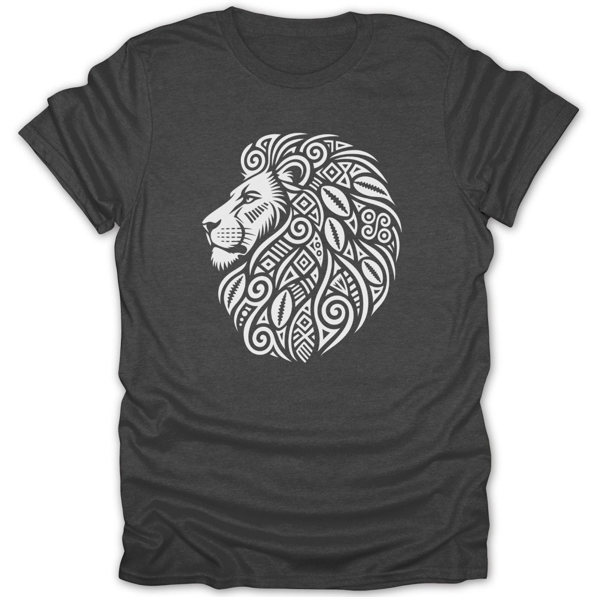 Dark grey t-shirt with white tribal lion head design on the front.