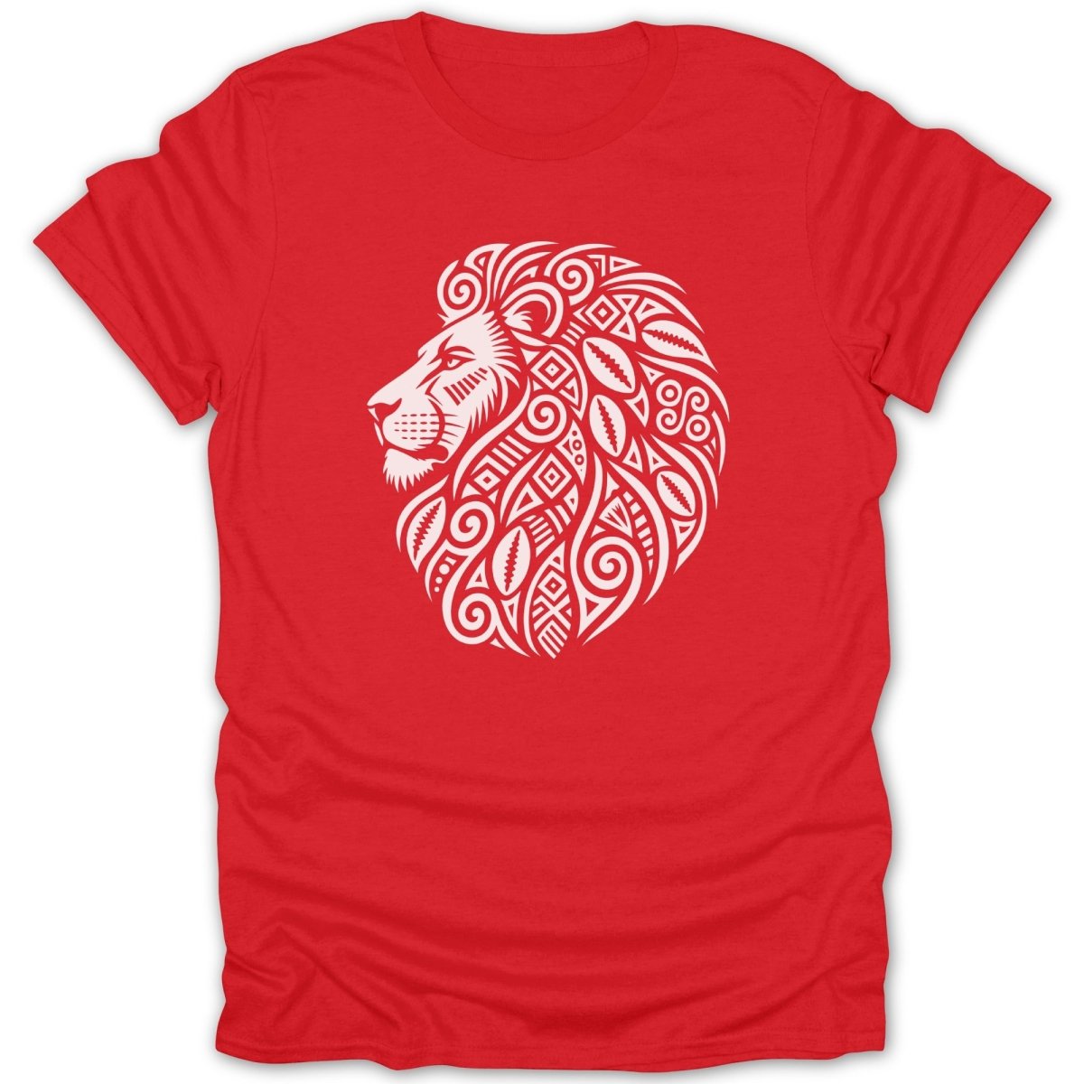 Red t-shirt with white tribal lion head graphic design.