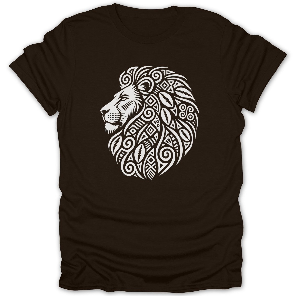 Brown t-shirt with a white tribal lion head design.