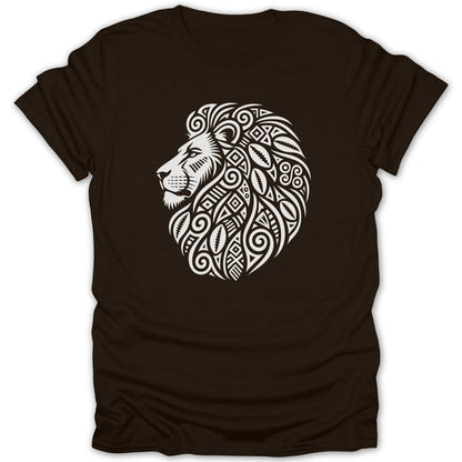 Brown t-shirt with a white tribal lion head design.
