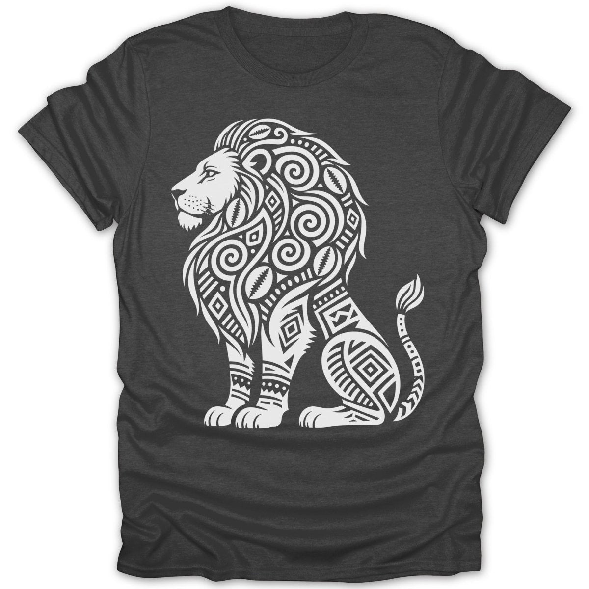 Dark grey t-shirt with a stylized white lion design.