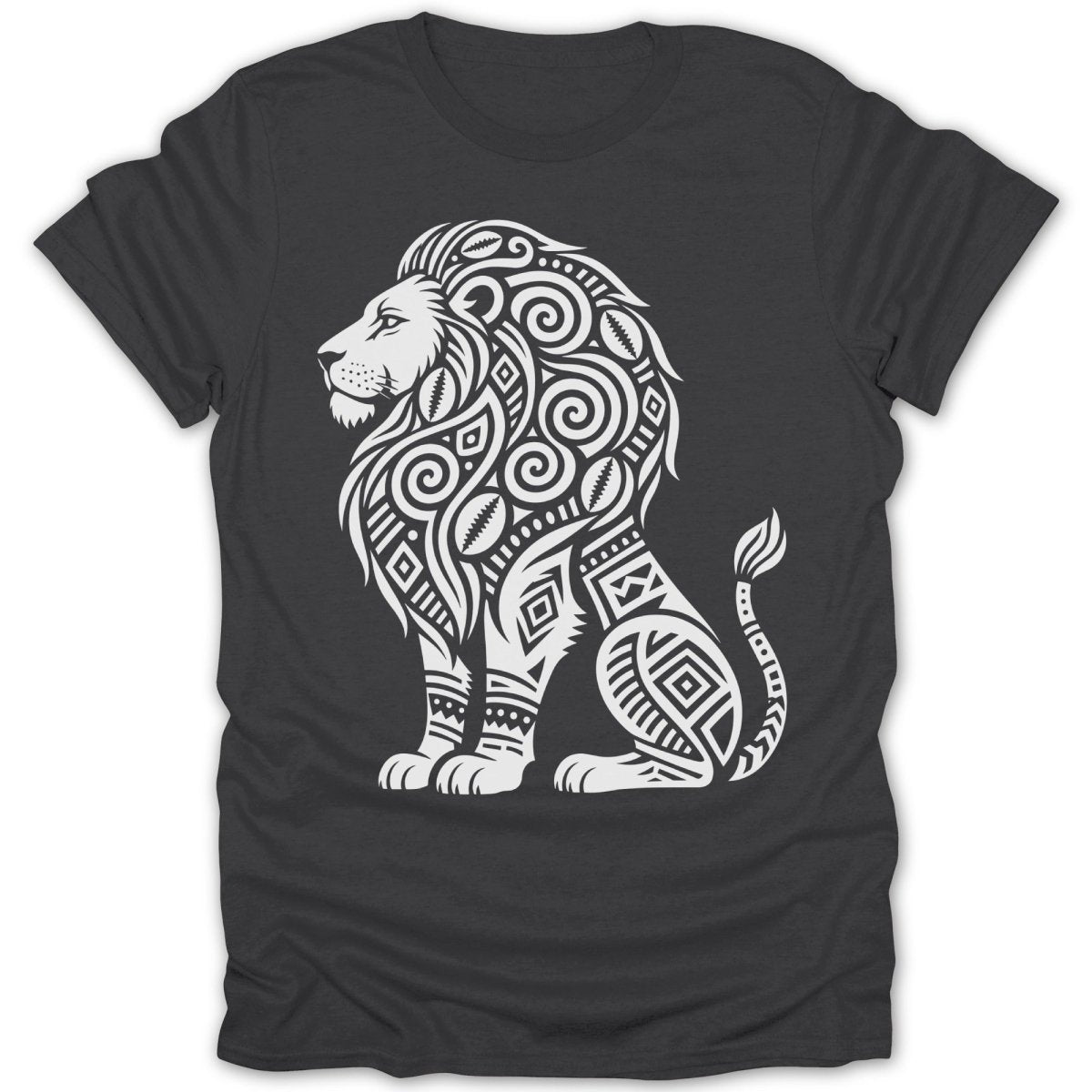 Dark t-shirt with a white, tribal-style lion design.