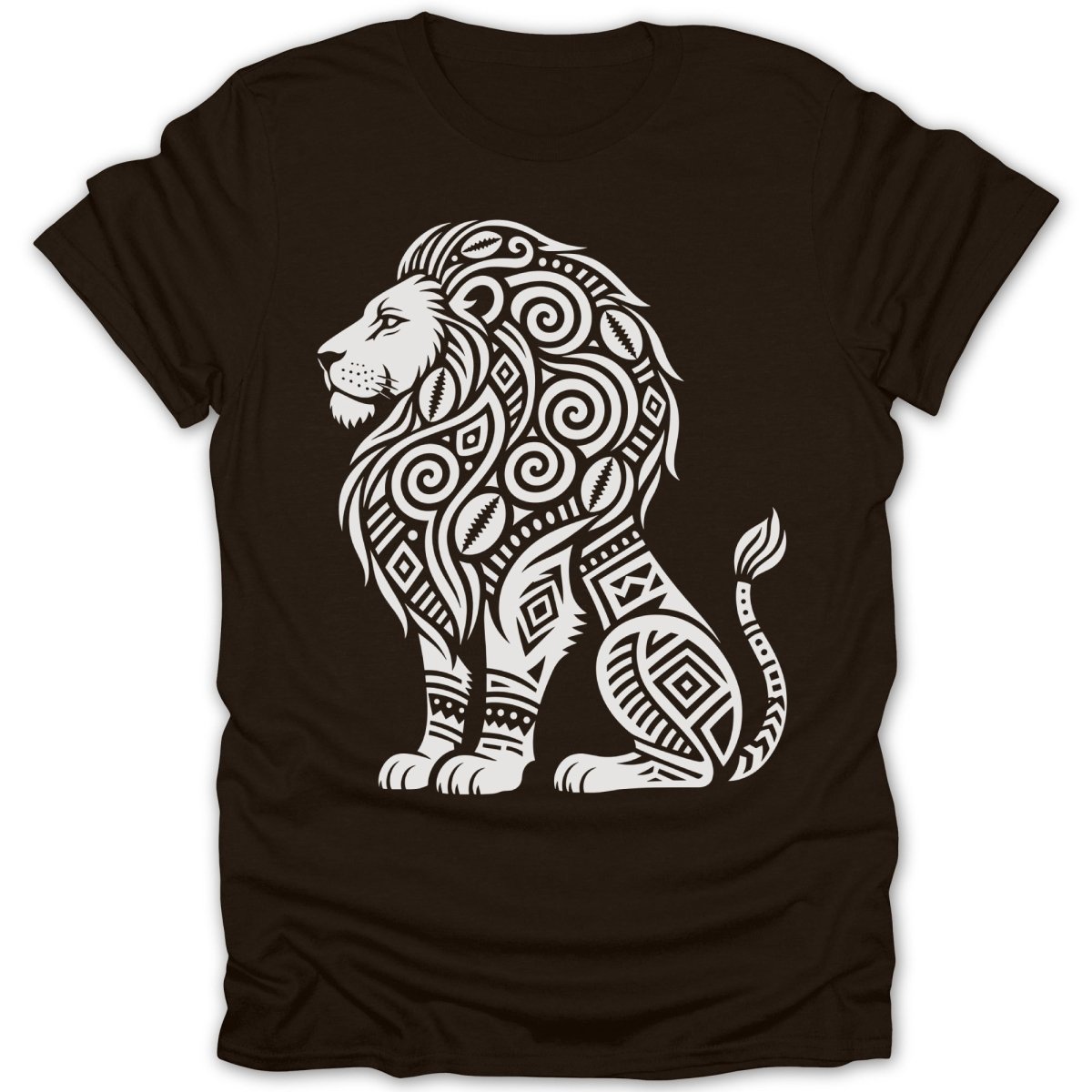 White tribal lion graphic on a dark brown t-shirt.