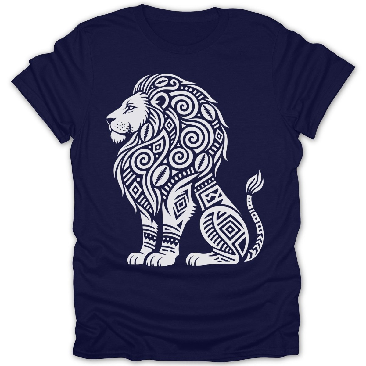 Navy t-shirt with a white abstract lion design.