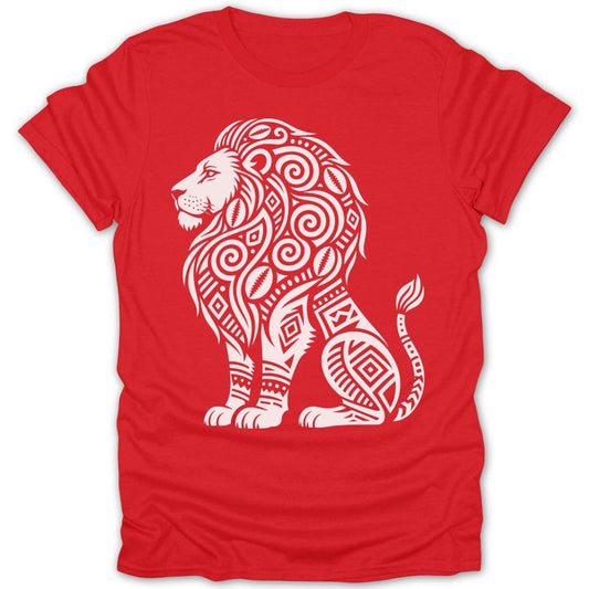 Red t-shirt with a white tribal lion design.