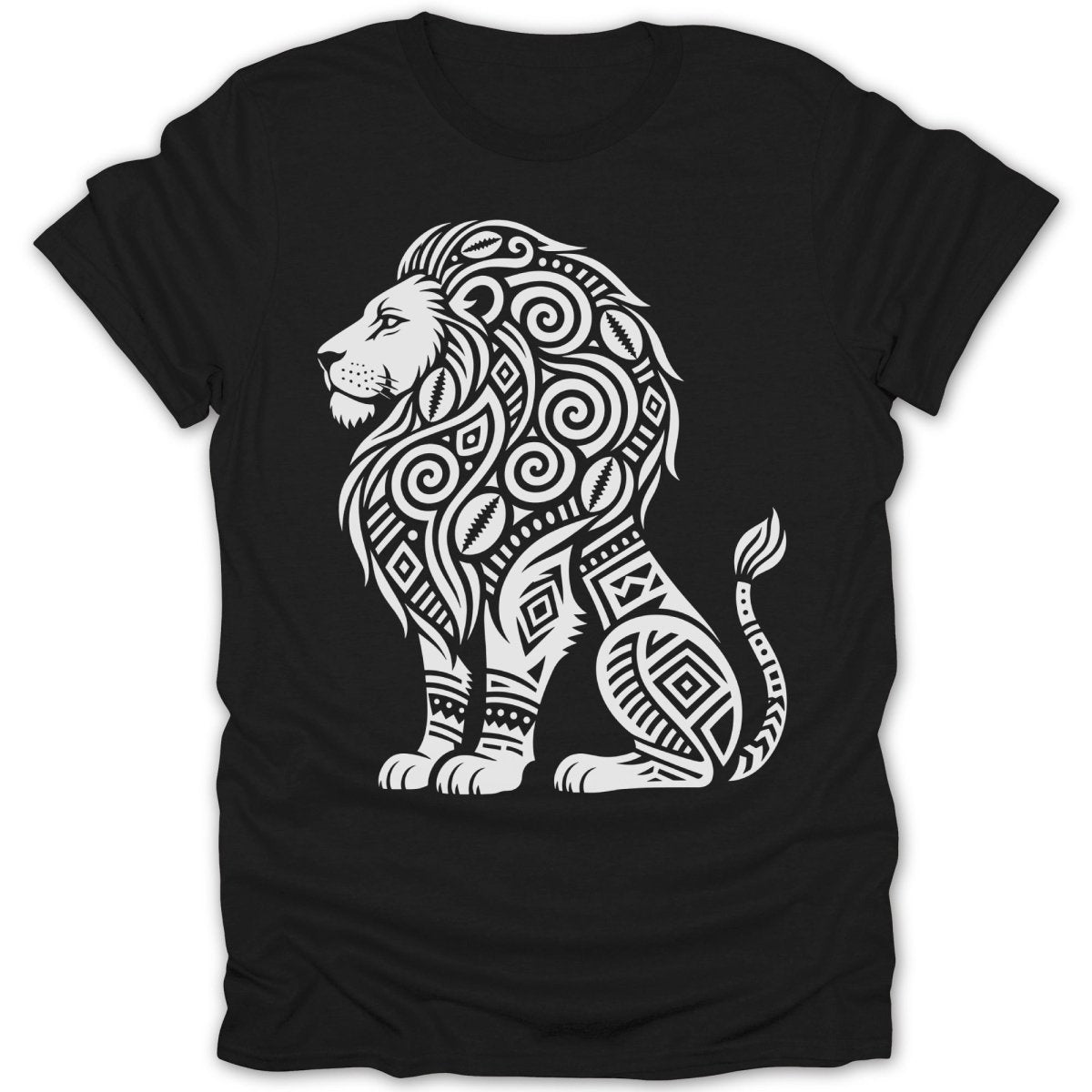 Black t-shirt with a white tribal lion design.