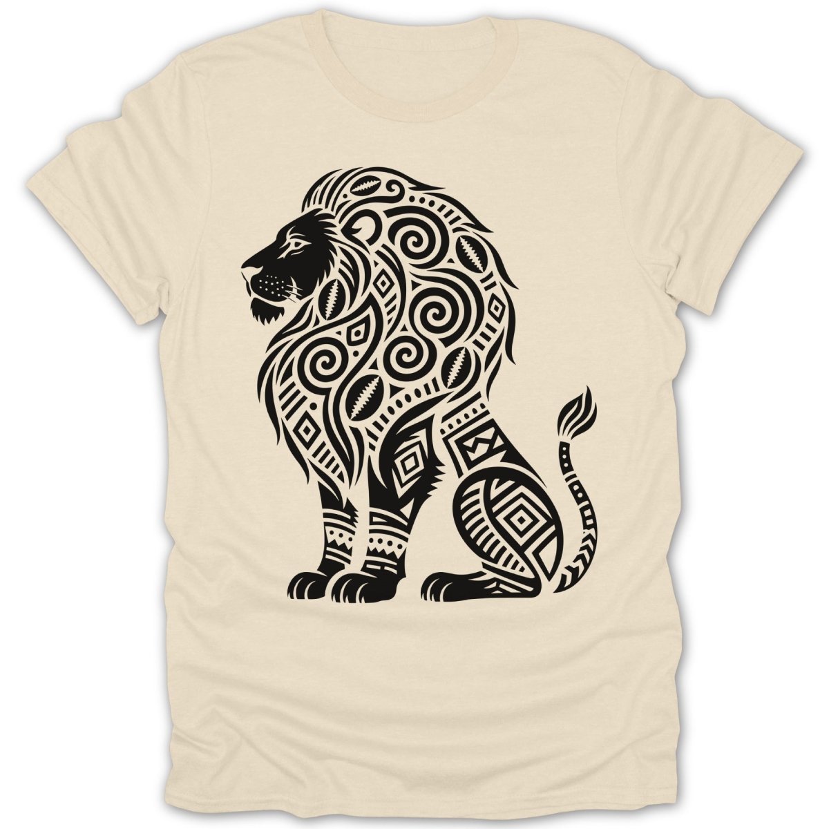 Black tribal lion design on a cream t-shirt.