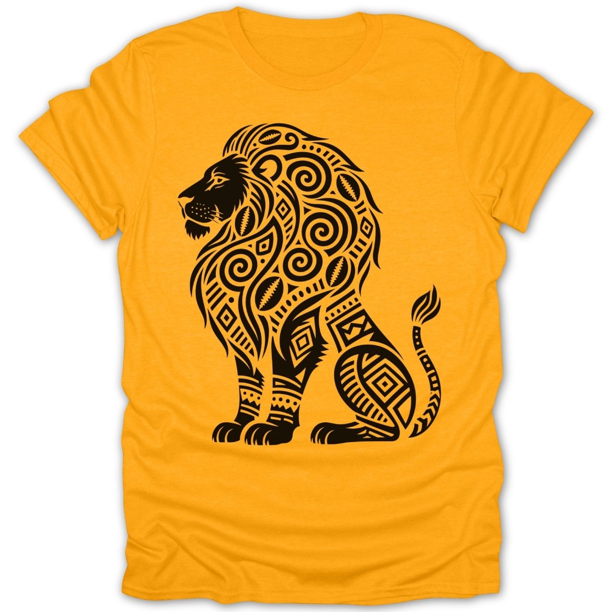 Orange t-shirt with a black tribal lion design.