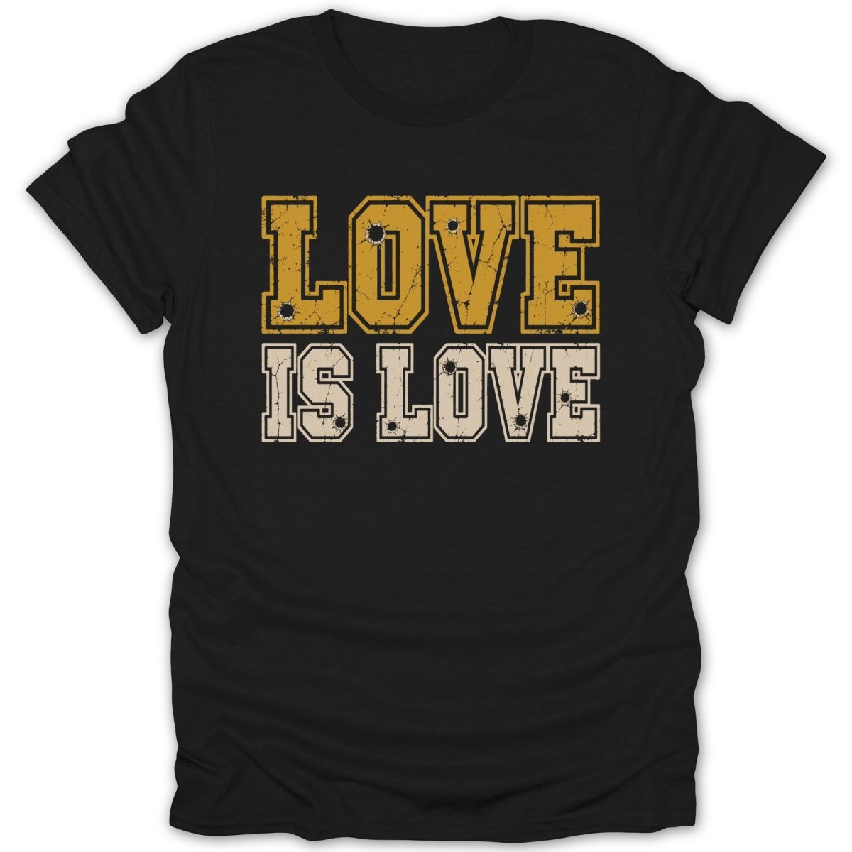Black t-shirt with yellow and cream "LOVE IS LOVE" graphic.