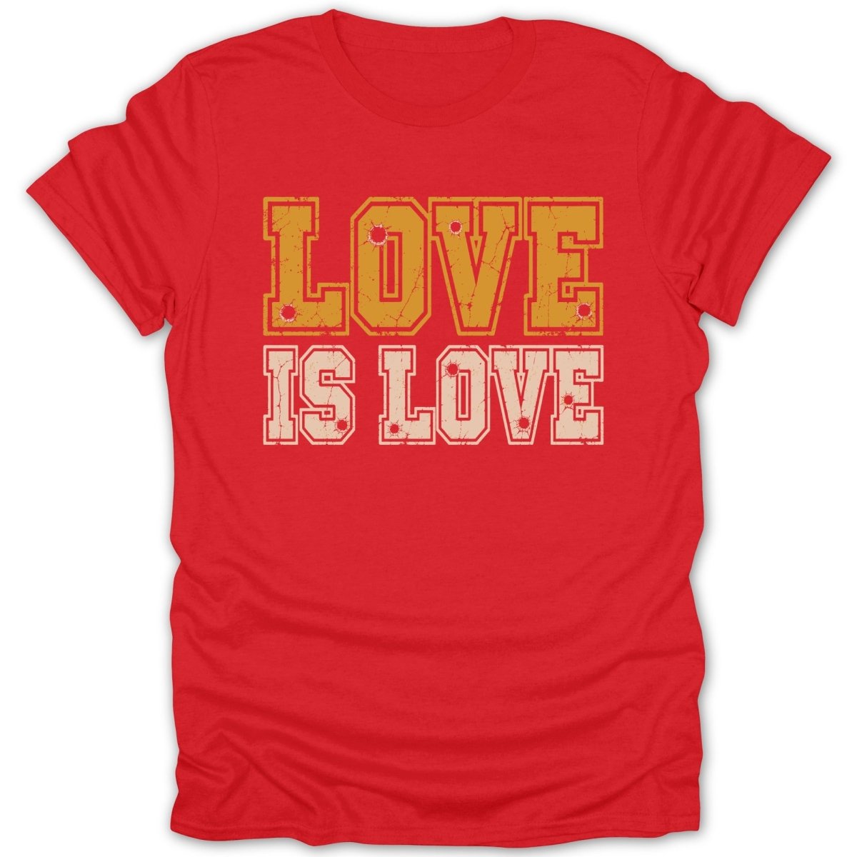 Red t-shirt with distressed "LOVE IS LOVE" text in gold and light pink.