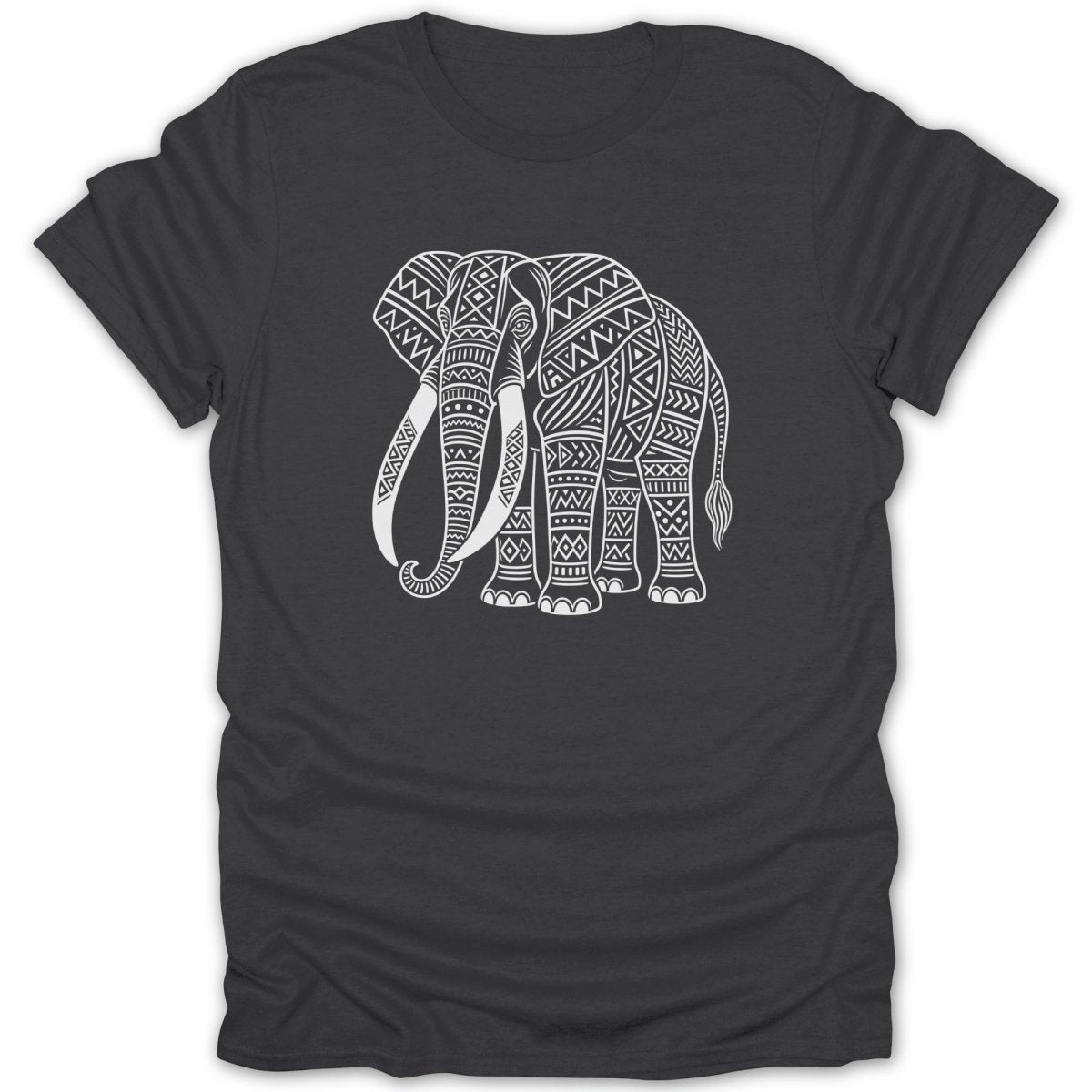Dark grey t-shirt with white tribal elephant graphic with intricate patterns.