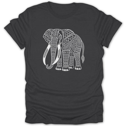 Dark grey t-shirt with white tribal elephant graphic with intricate patterns.