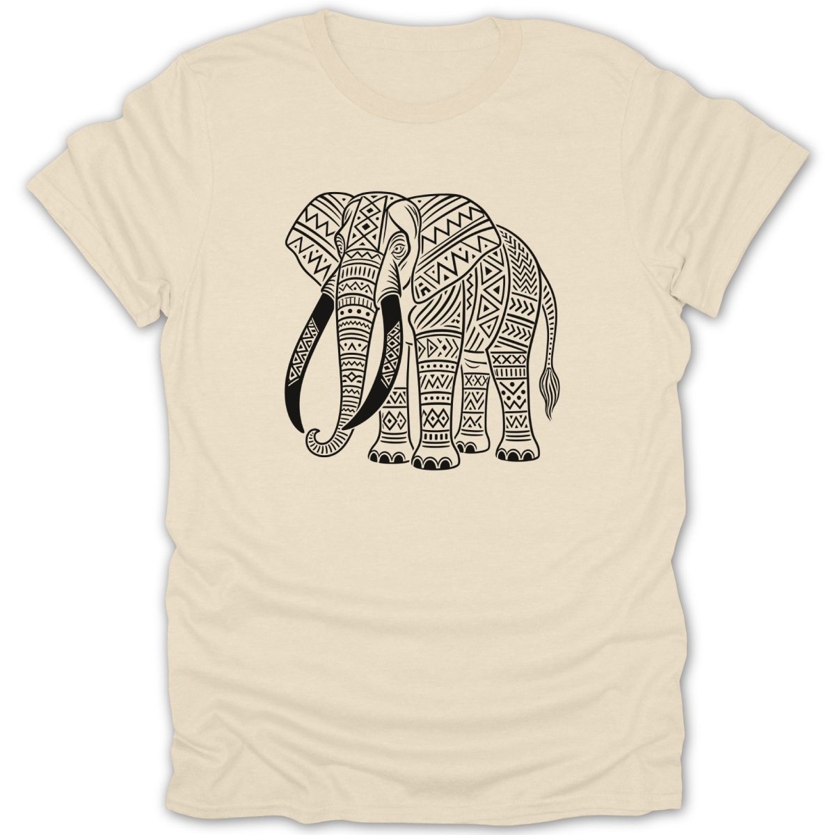 Cream t-shirt with a black elephant graphic featuring tribal patterns.
