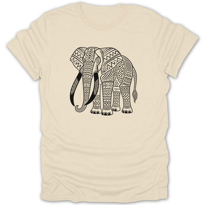 Cream t-shirt with a black elephant graphic featuring tribal patterns.