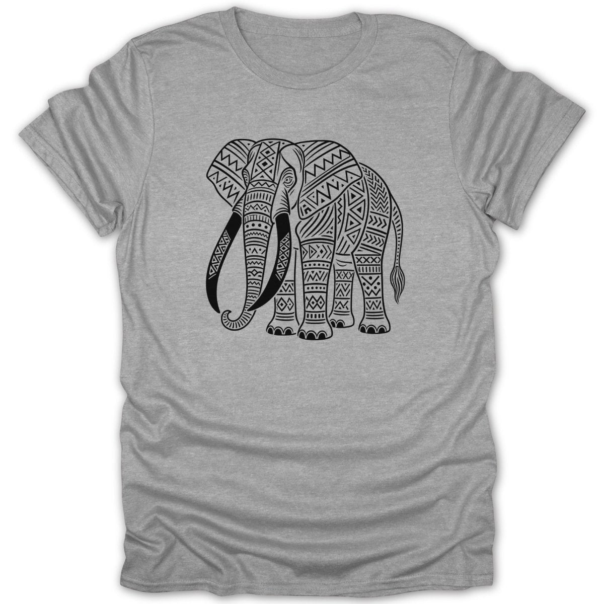 Grey t-shirt with a black tribal elephant graphic design.