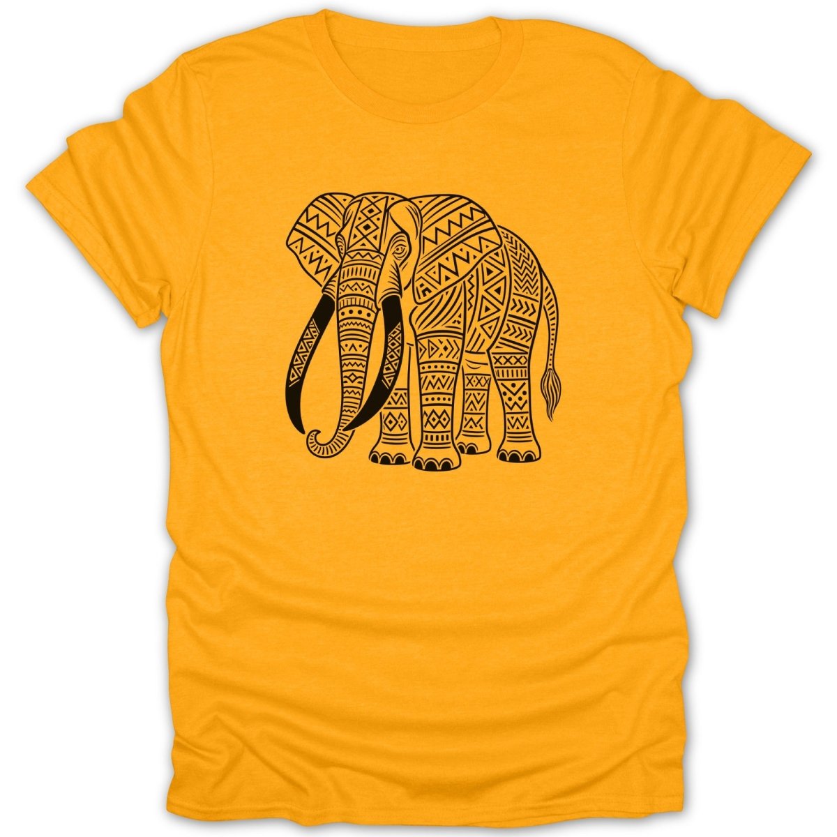 Orange t-shirt with a black tribal elephant graphic.