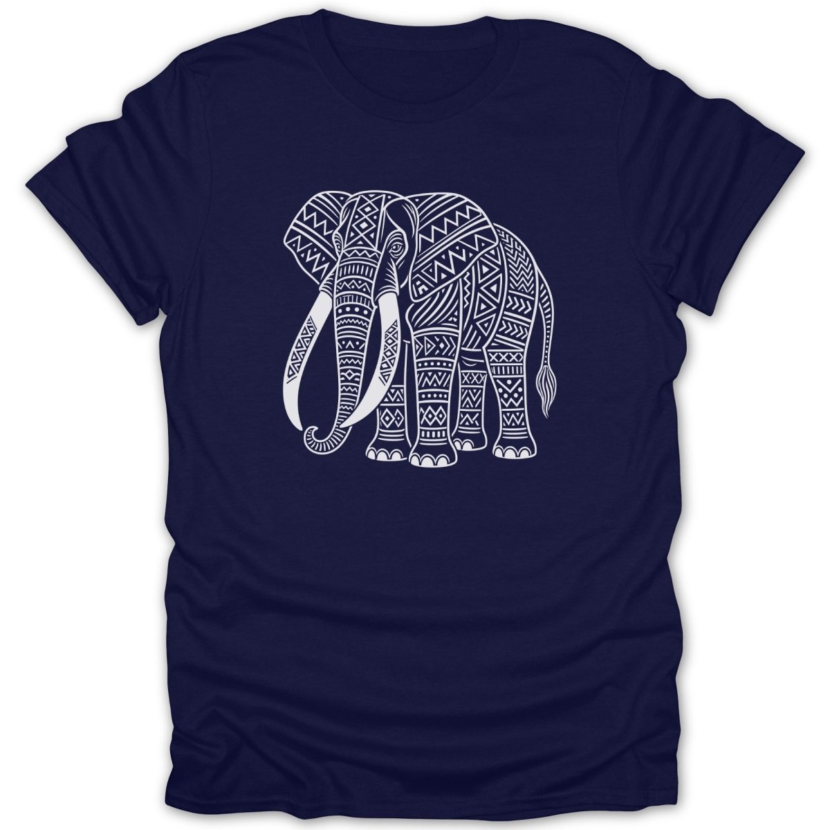 Navy t-shirt with a white ornamental elephant design.