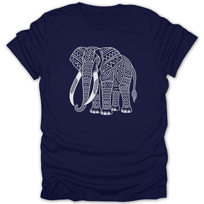 Navy t-shirt with a white ornamental elephant design.