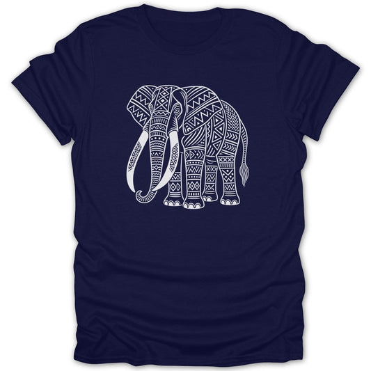 Navy t-shirt with a white ornamental elephant design.