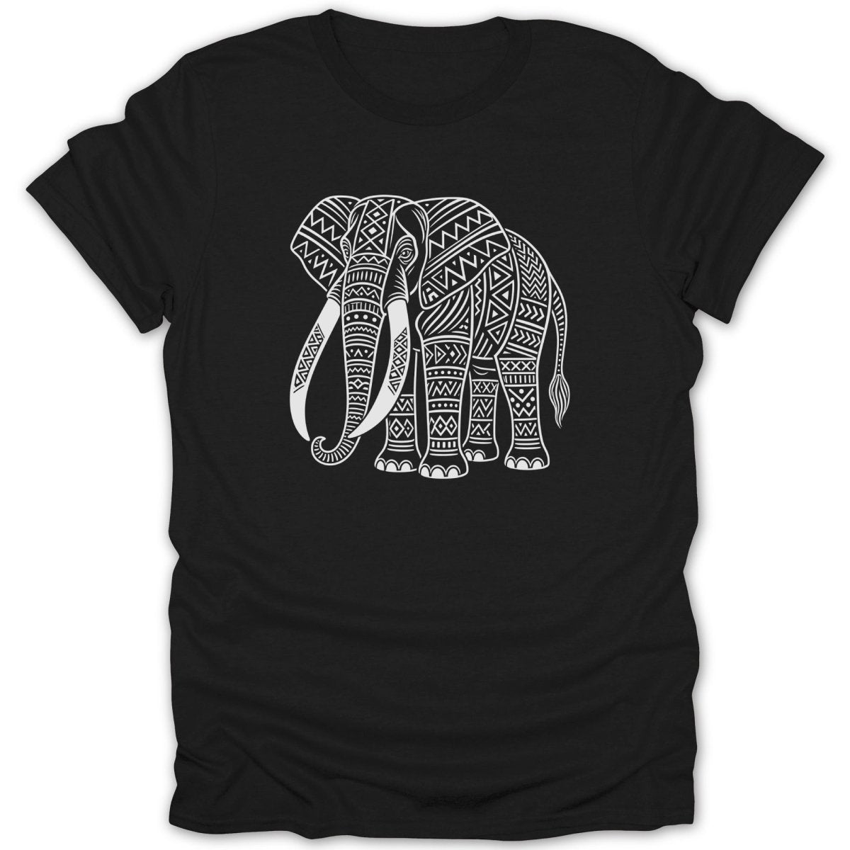 Black t-shirt with a white abstract elephant design.