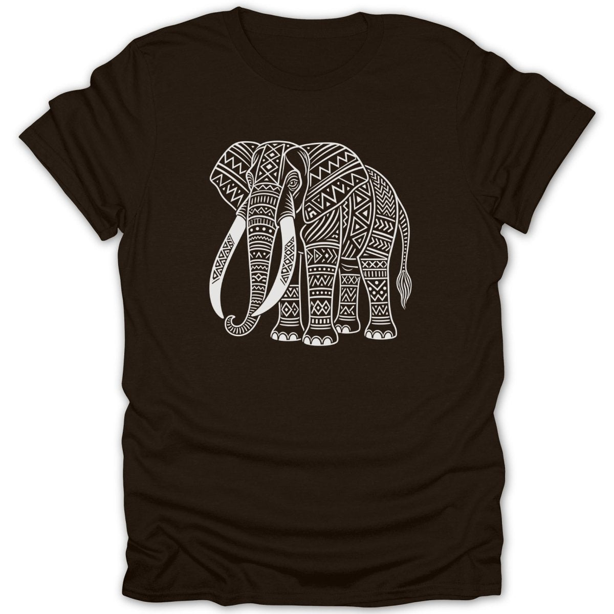 Dark brown t-shirt with a white ornamental elephant design.