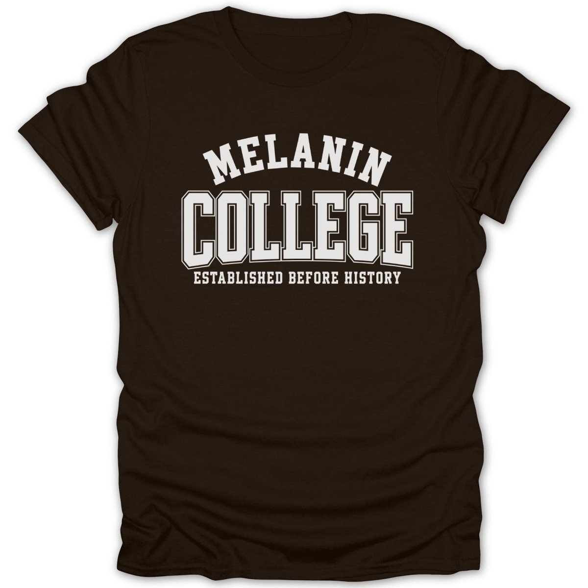 Brown t-shirt with "Melanin College Established Before History" text.