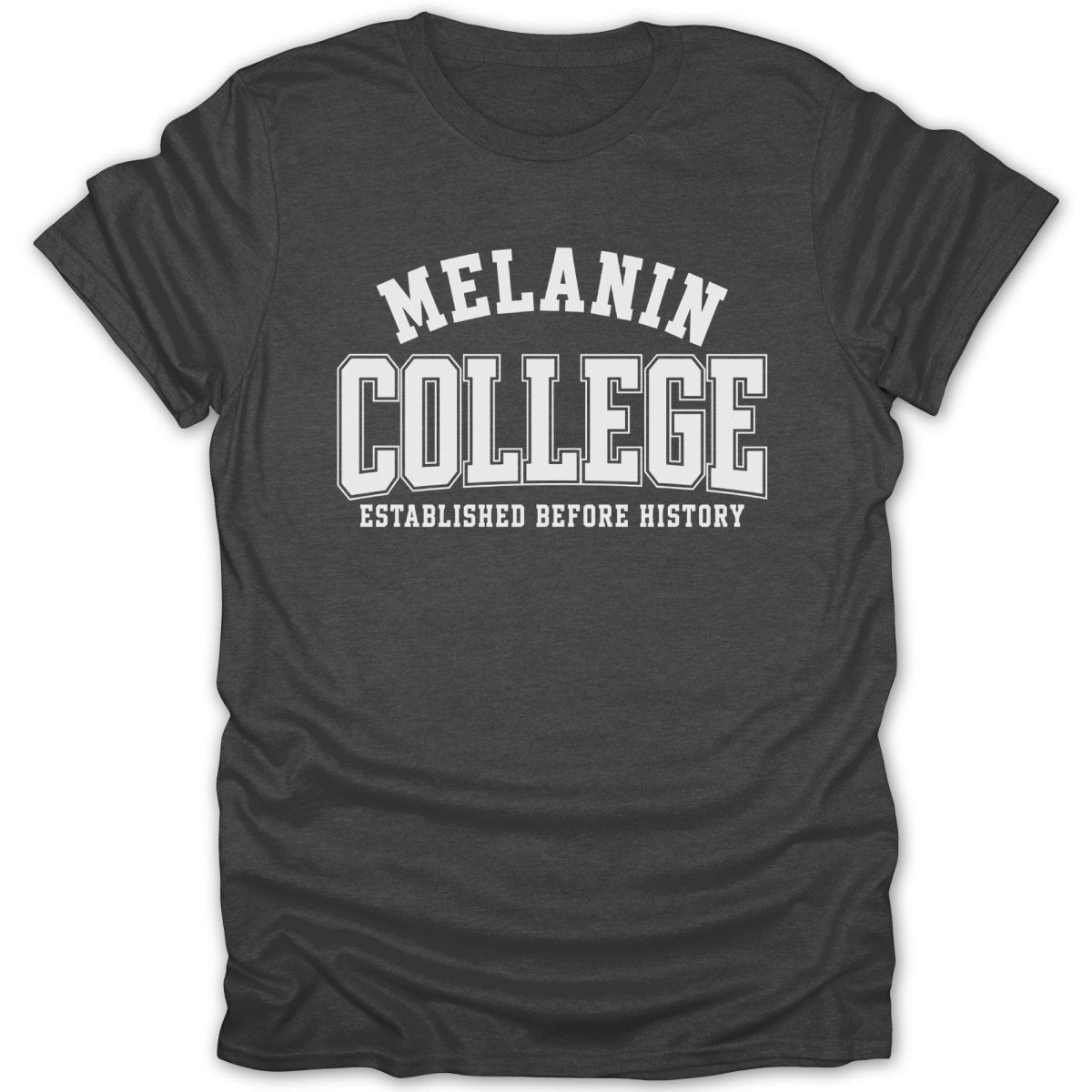 Dark gray t-shirt with "Melanin College Established Before History" in white block letters.