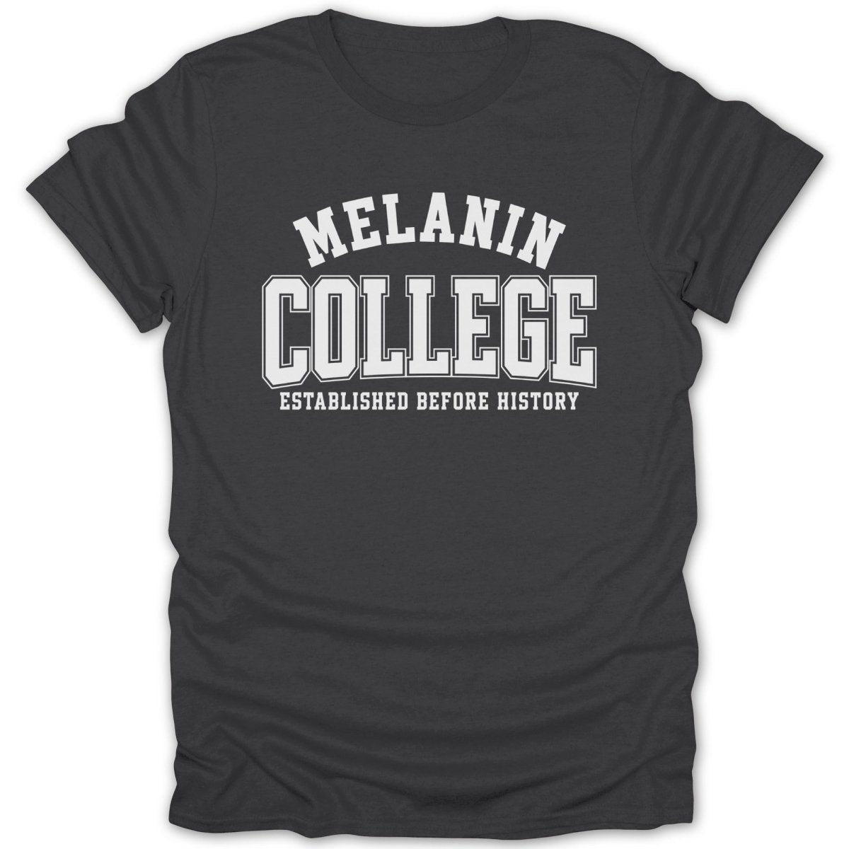 Dark gray t-shirt with white text "MELANIN COLLEGE ESTABLISHED BEFORE HISTORY"