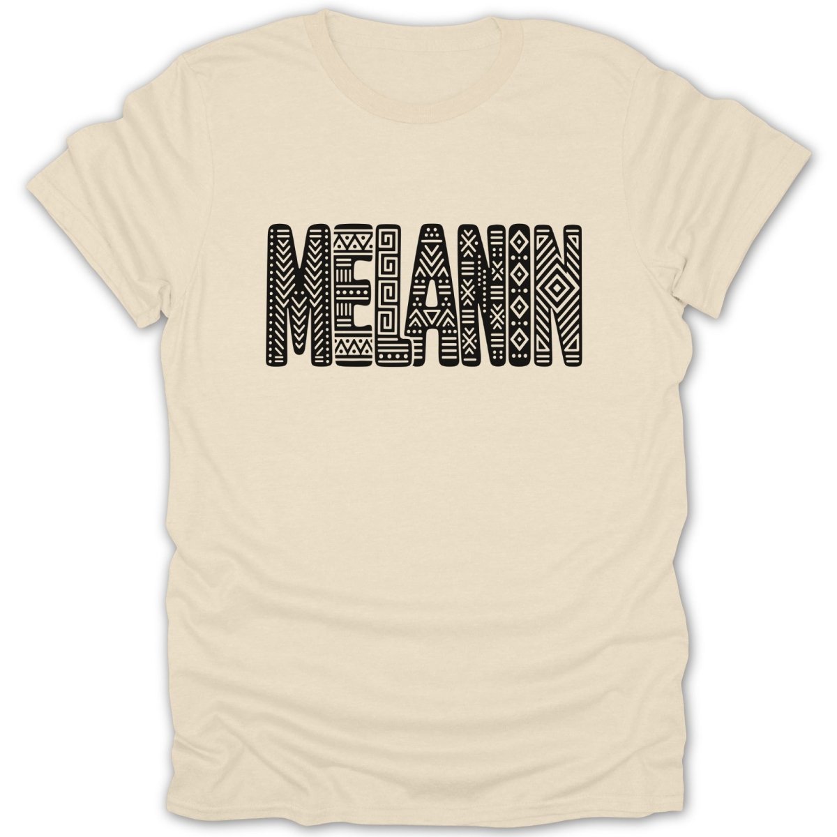 Cream t-shirt with the word "MELANIN" in black, patterned, block letters.