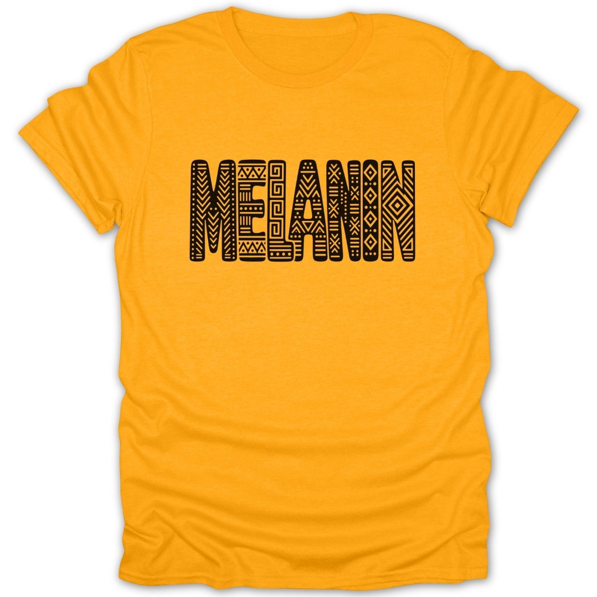 Orange t-shirt with black "MELANIN" text in tribal patterned letters.