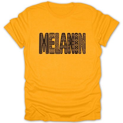 Orange t-shirt with black "MELANIN" text in tribal patterned letters.