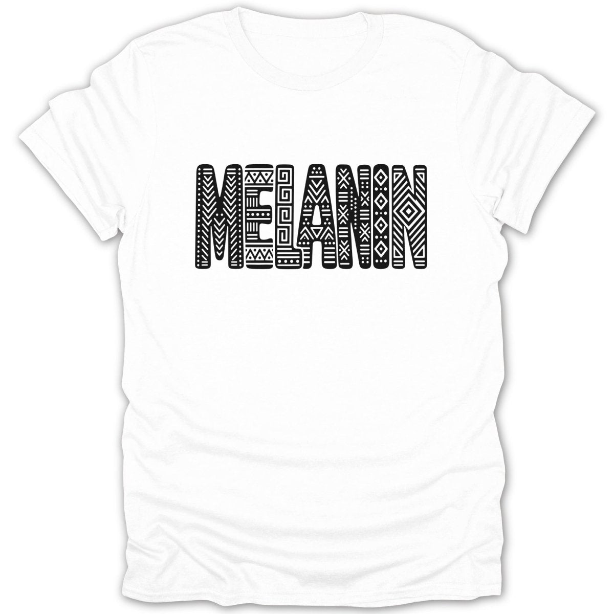 White t-shirt with "MELANIN" in black, patterned block letters.