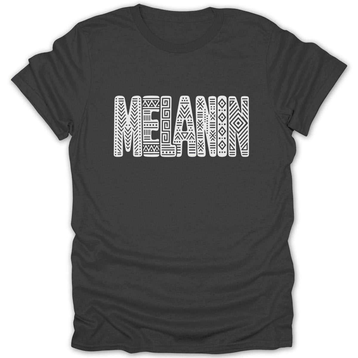 Dark grey t-shirt with white text "MELANIN" in patterned block letters.