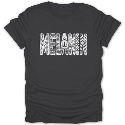 Dark grey t-shirt with white text "MELANIN" in patterned block letters.