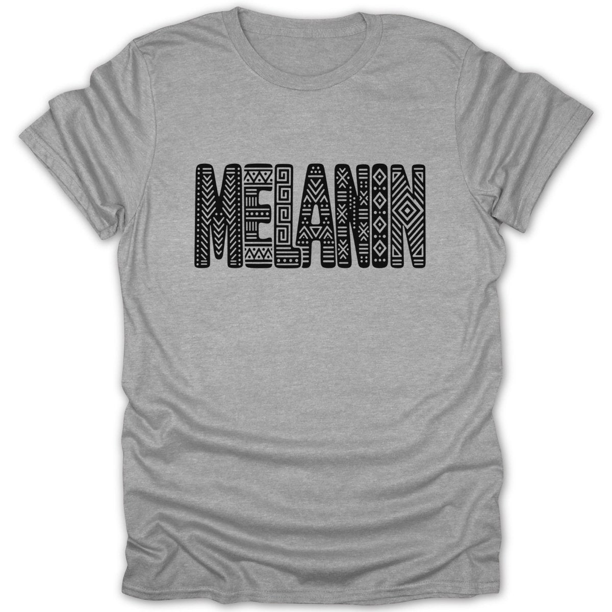 Gray t-shirt with "MELANIN" in bold black letters with tribal patterns.