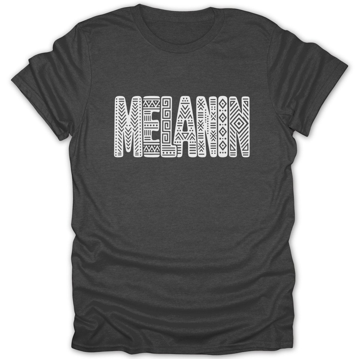 Dark gray t-shirt with white text "MELANIN" in a patterned font.