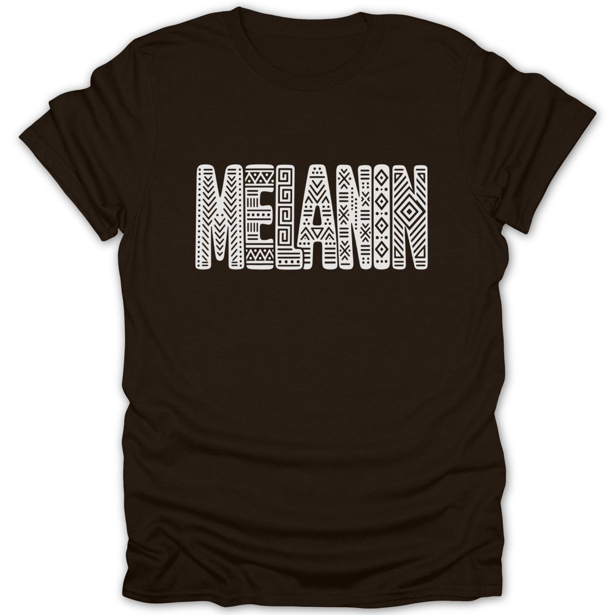 Brown t-shirt with white Melanin text in tribal patterns