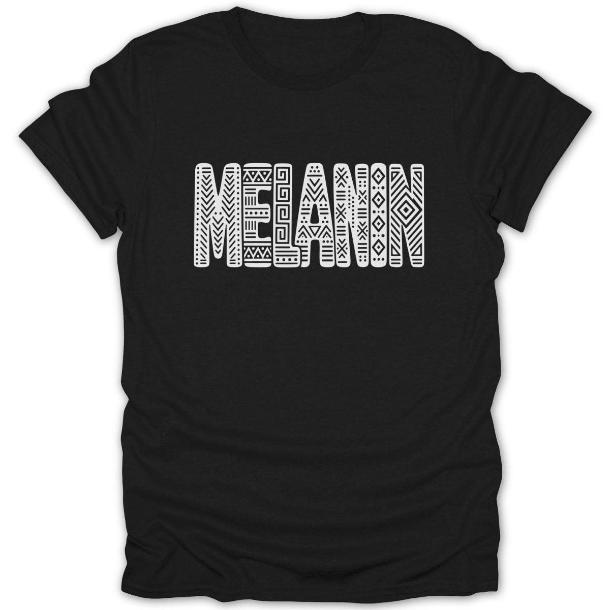 Black t-shirt with white "MELANIN" text in a patterned font.