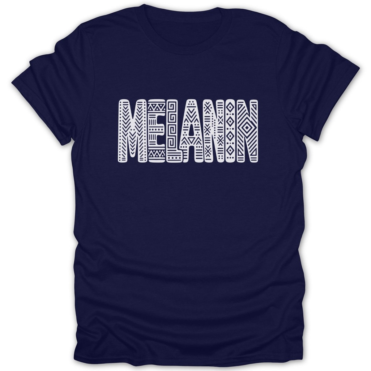 Navy t-shirt with white "MELANIN" text in geometric tribal patterns.