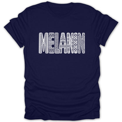 Navy t-shirt with white "MELANIN" text in geometric tribal patterns.