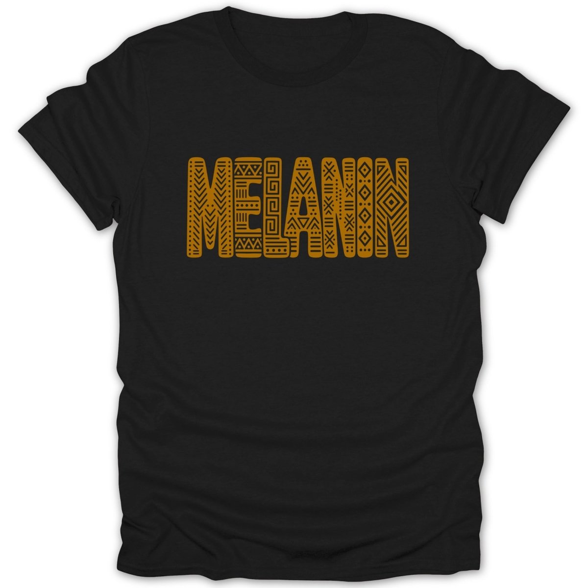 Black t-shirt with the word "MELANIN" in gold tribal pattern lettering.