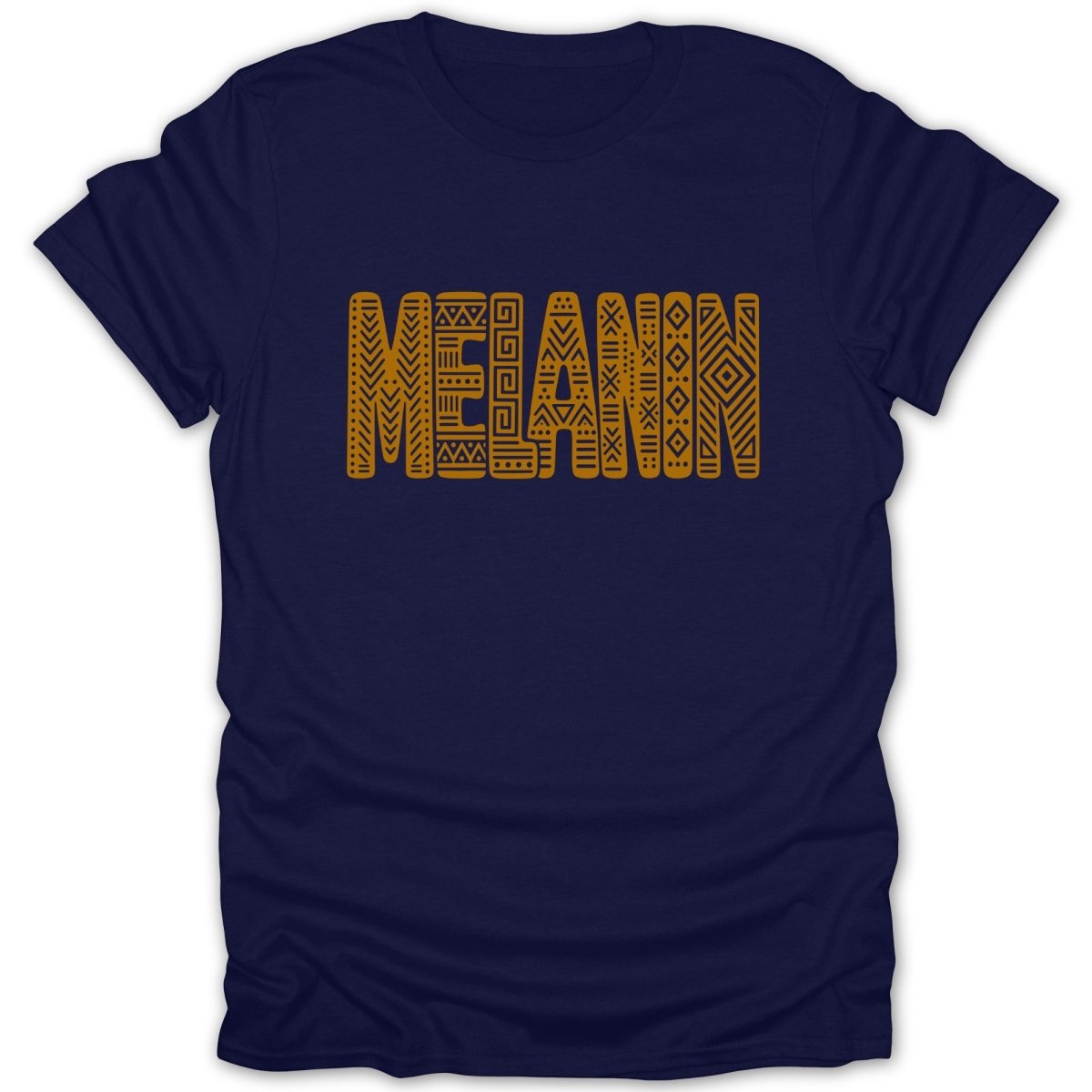 Navy t-shirt with "MELANIN" text in an orange geometric tribal pattern.