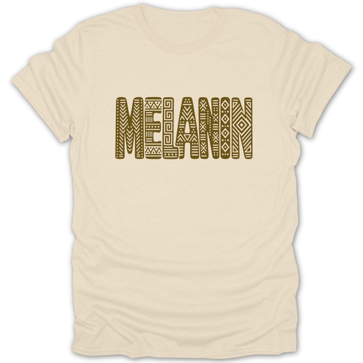 Cream t-shirt with brown "MELANIN" text in tribal font.