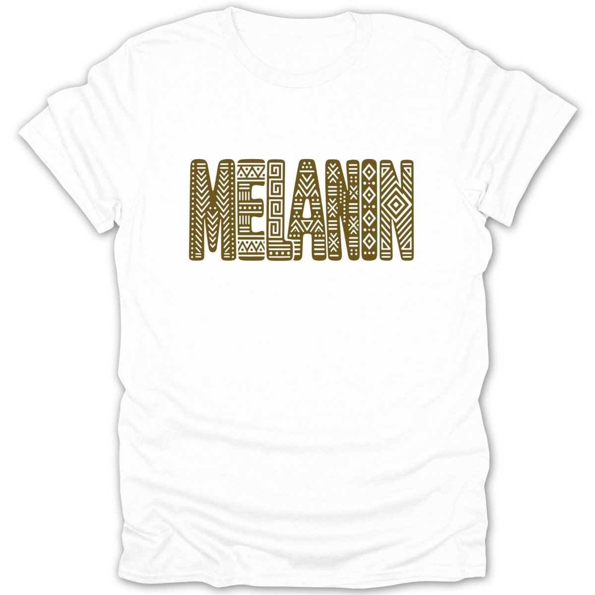 White t-shirt with the word MELANIN in stylized brown block letters.