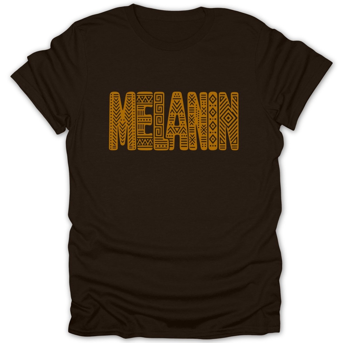 Brown t-shirt with the word "MELANIN" in gold textured letters.