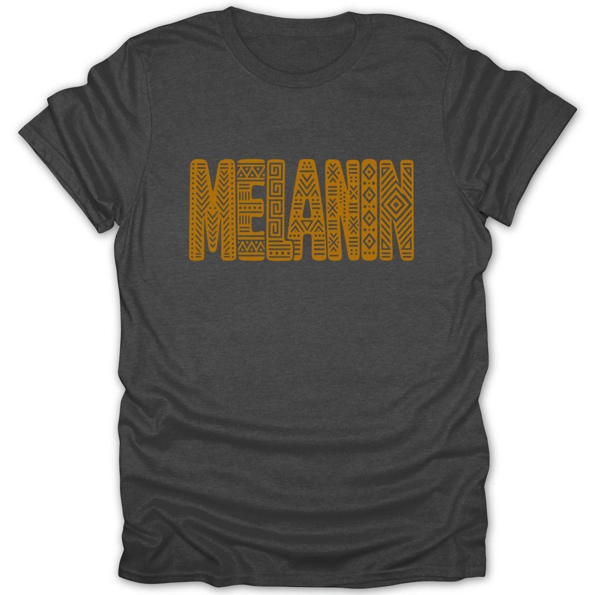 Dark grey t-shirt with the word MELANIN in orange geometric patterns.